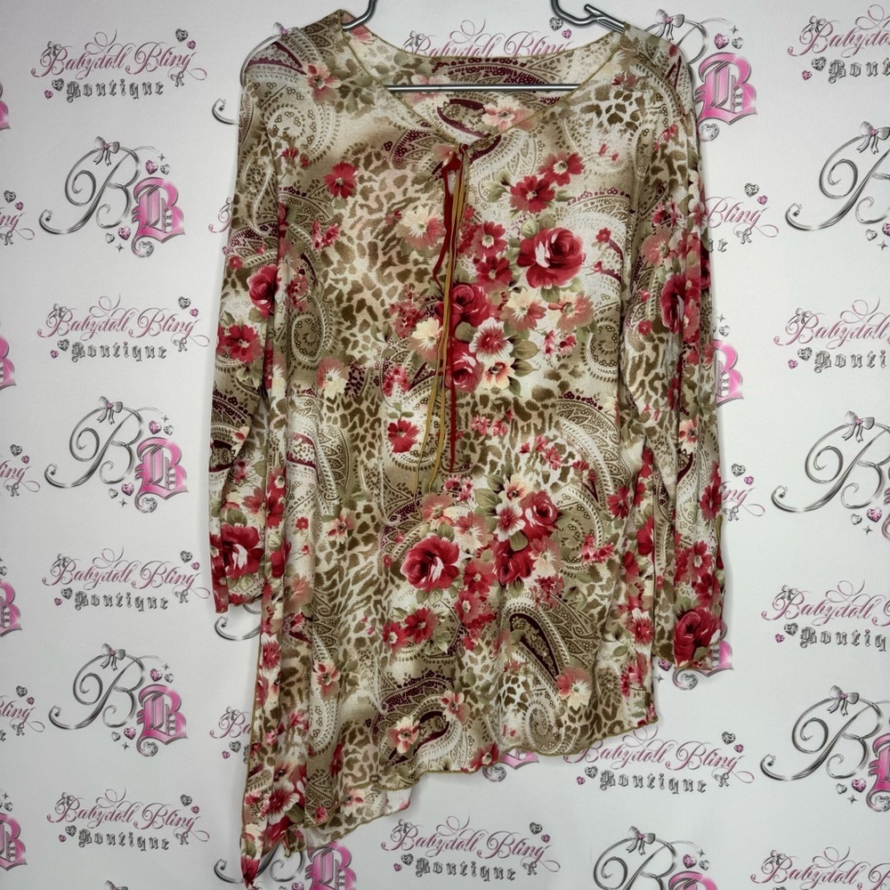 Long sleeve asymmetrical bottom fairy hem animal print floral keyhole ribbon y2k